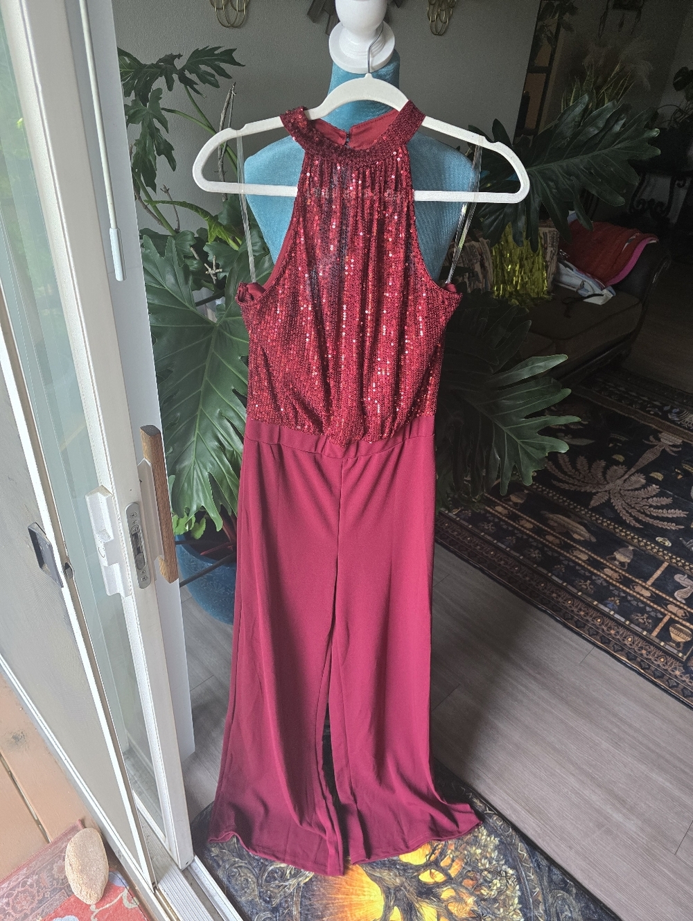 Wine Red Sequin Halter Jumpsuit